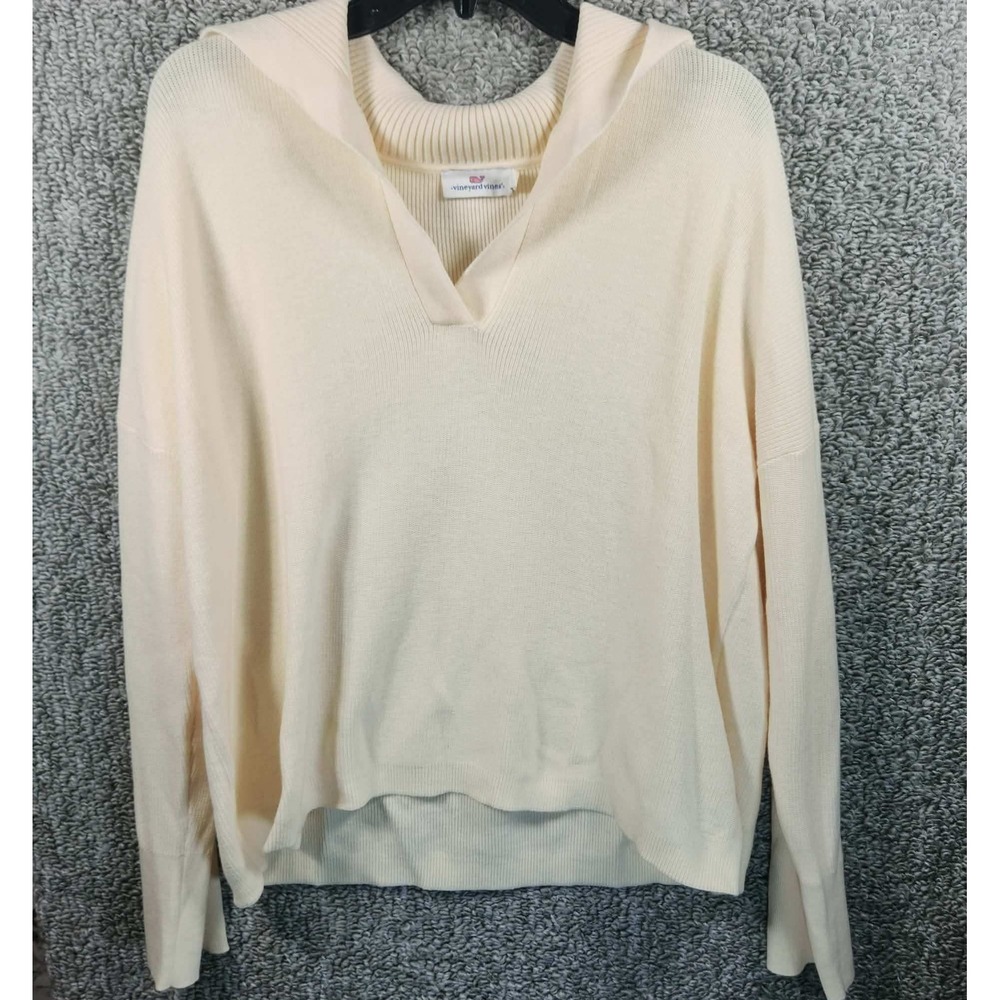 Vineyard Vines Sweater Cream V-Neck Ribbed Wide Collar Pullover Women XL